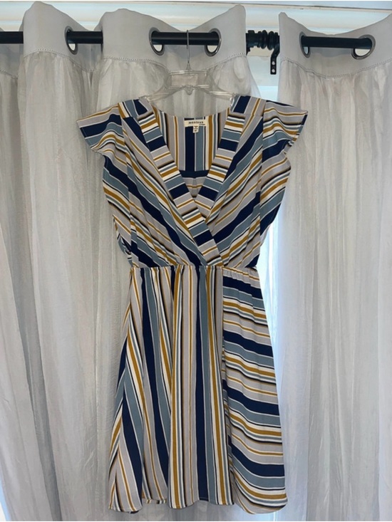 Monteau Dresses & Skirts - Monteau Navy, Mustard and Cream Striped Wrap Dress